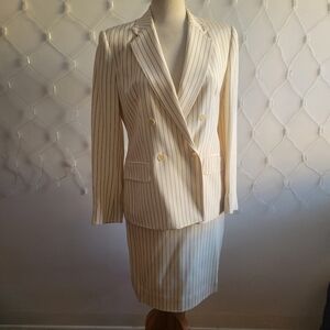 Vintage 100% Silk Pinstripe 2 Pc Suit • Jones New York • Cream & Olive • Size 4